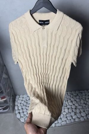 Emporio Arman_i Textured Knit Polo T-Shirt Beige 1127
